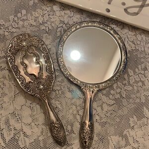 Vintage Victorian Vanity Mirror and Hair Brush Set Silver Tone Handheld Art Deco
